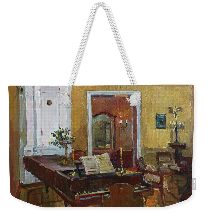 Interior Weekender Tote Bag featuring the painting Interior with piano by Juliya Zhukova