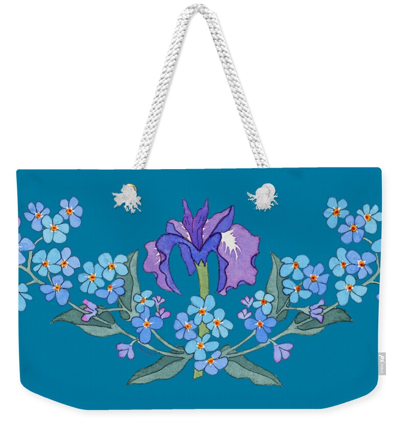 Iris And Forget Me Not Curved Garland Weekender Tote Bag featuring the painting Iris and Forget Me Not Curved Garland by Teresa Ascone