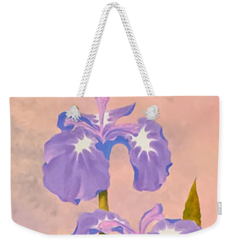 Iris And Forgetmenots Weekender Tote Bag featuring the painting Iris and Forgetmenots by Teresa Ascone