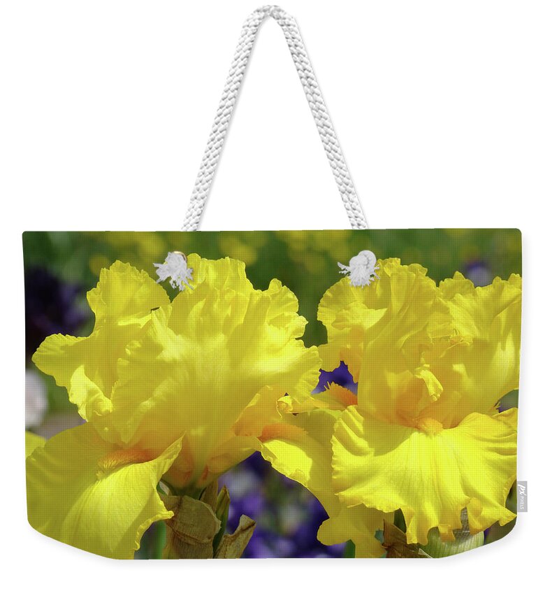 Iris Weekender Tote Bag featuring the photograph Iris Flowers Garden art Yellow Irises Baslee Troutman by Patti Baslee