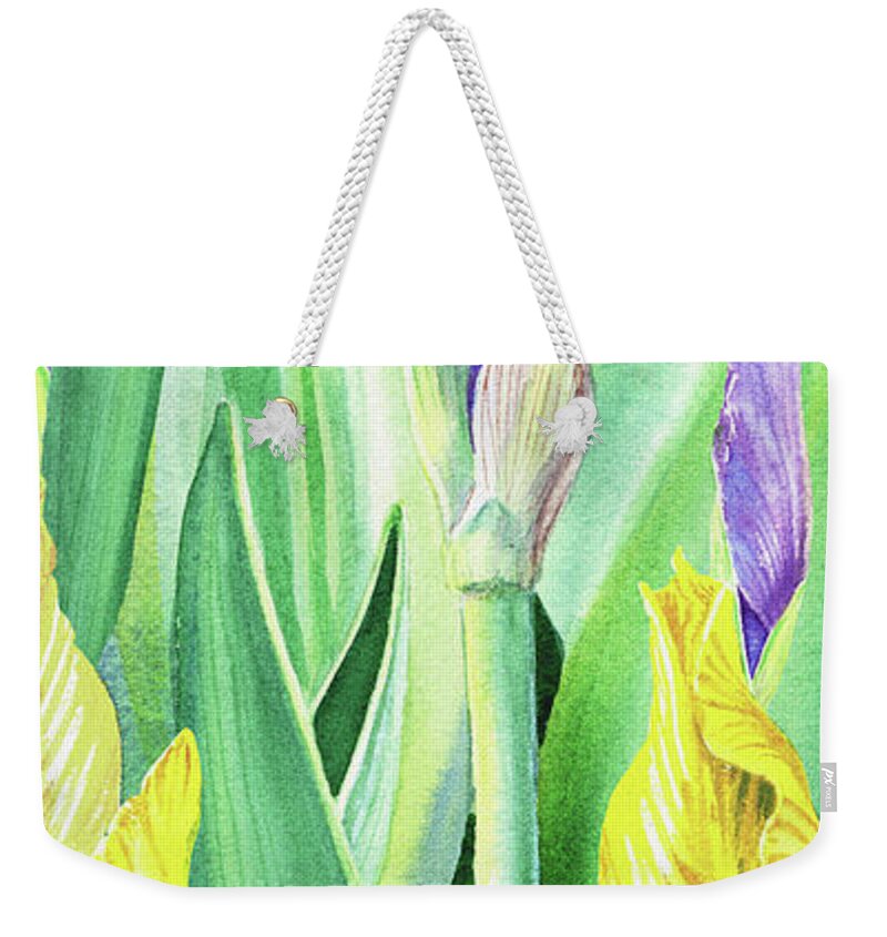 Iris Weekender Tote Bag featuring the painting Iris Flowers Olympic Torches by Irina Sztukowski