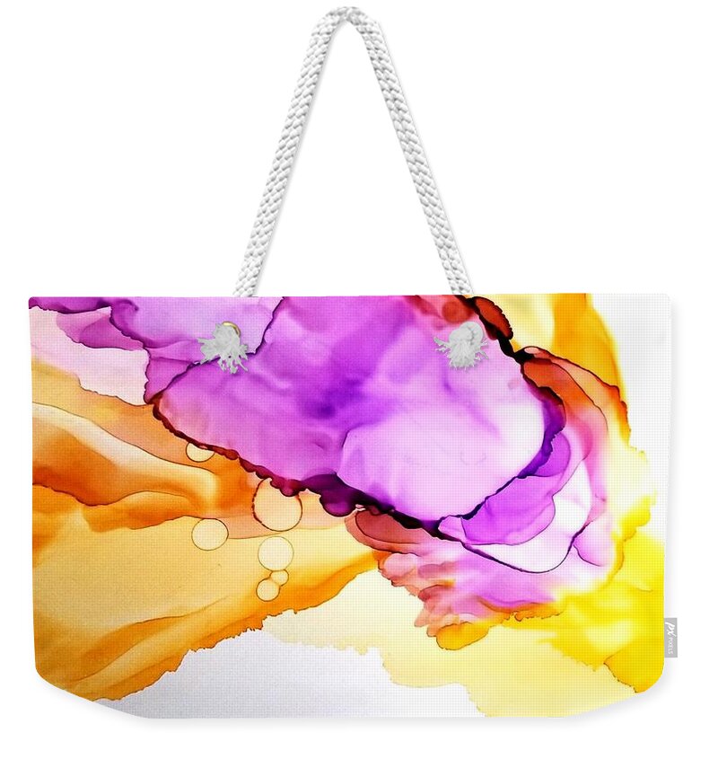 Alcohol Ink Red Yellow Orange Purple Landscape Floral Garden Meadow Serene Sunset Decor Forest Wildflowers Cascade Weekender Tote Bag featuring the painting Iris by Kelly Dallas