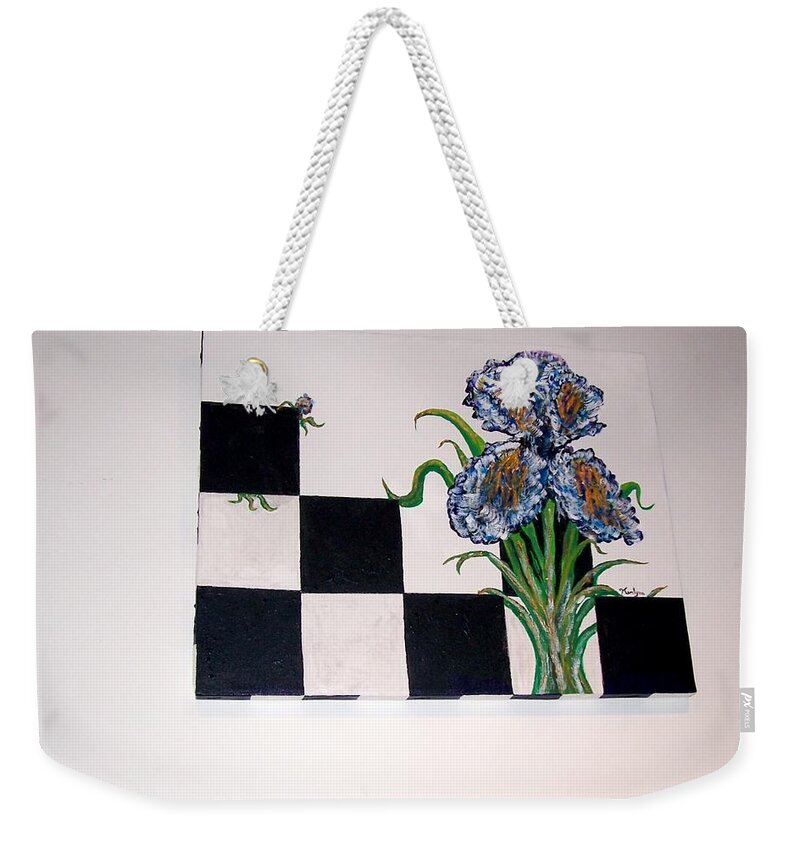 Iris Weekender Tote Bag featuring the painting Iris Playing Checkers by Kenlynn Schroeder