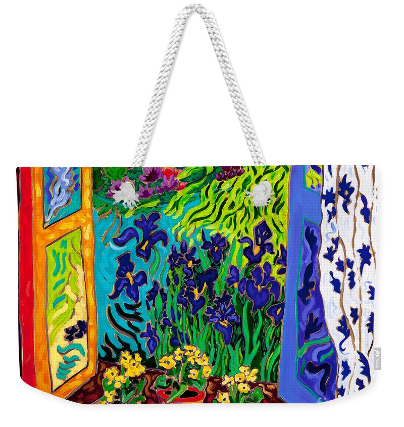 Iris Weekender Tote Bag featuring the painting Iris Window Dance by Cathy Carey