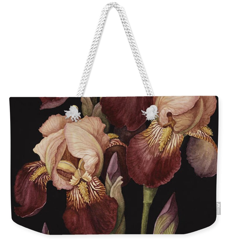 Flower Weekender Tote Bag featuring the painting Irises by Jenny Barron