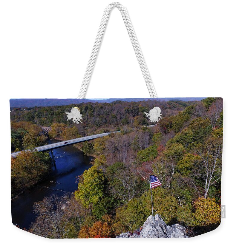Iron Gate Weekender Tote Bag featuring the photograph Iron Gate American Flag by Star City SkyCams