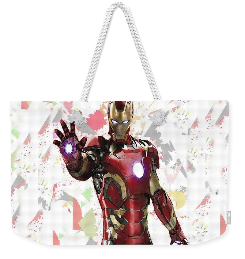 Iron Man Weekender Tote Bag featuring the mixed media Iron Man Splash Super Hero Series by Movie Poster Prints