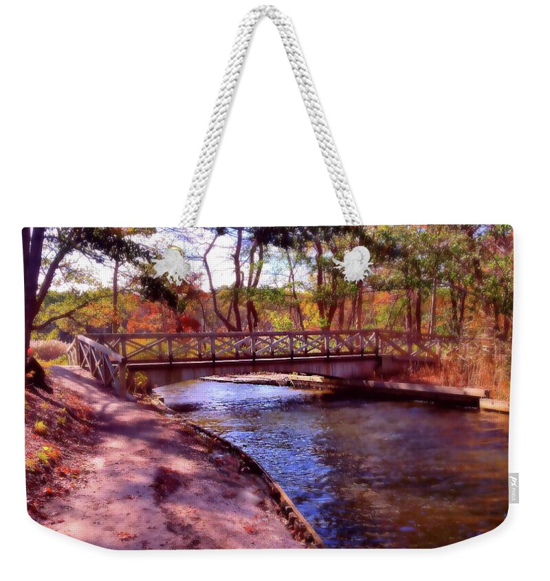 Autumn Weekender Tote Bag featuring the mixed media Island Bridge in Autumn by Stacie Siemsen