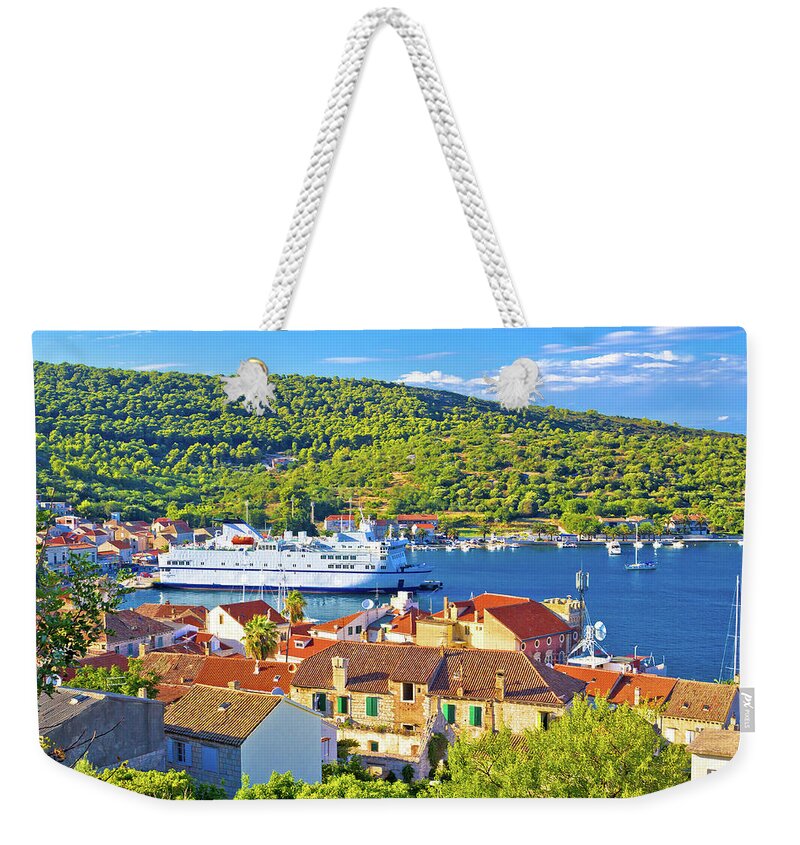 Vis Weekender Tote Bag featuring the photograph Island of Vis bay aerial view by Brch Photography