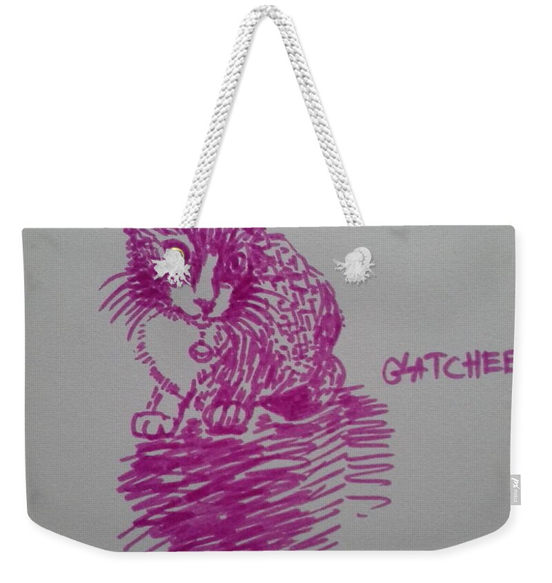 Cat Weekender Tote Bag featuring the drawing It has a cat named GATchee by Sukalya Chearanantana