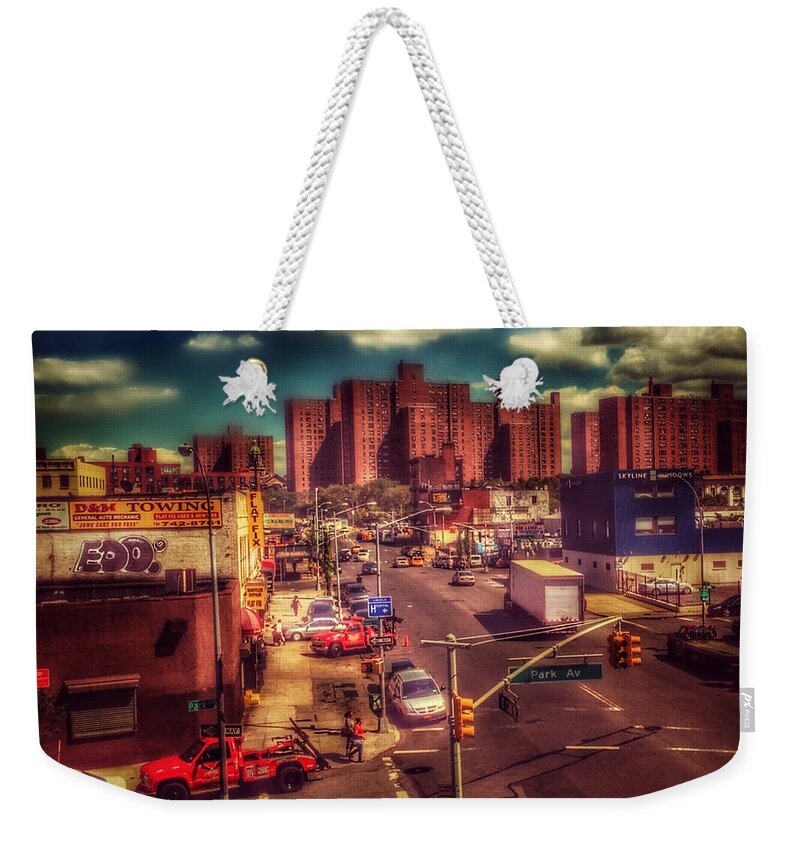 New York City Street Scene Weekender Tote Bag featuring the photograph It Takes a Village - New York Street Scene by Miriam Danar