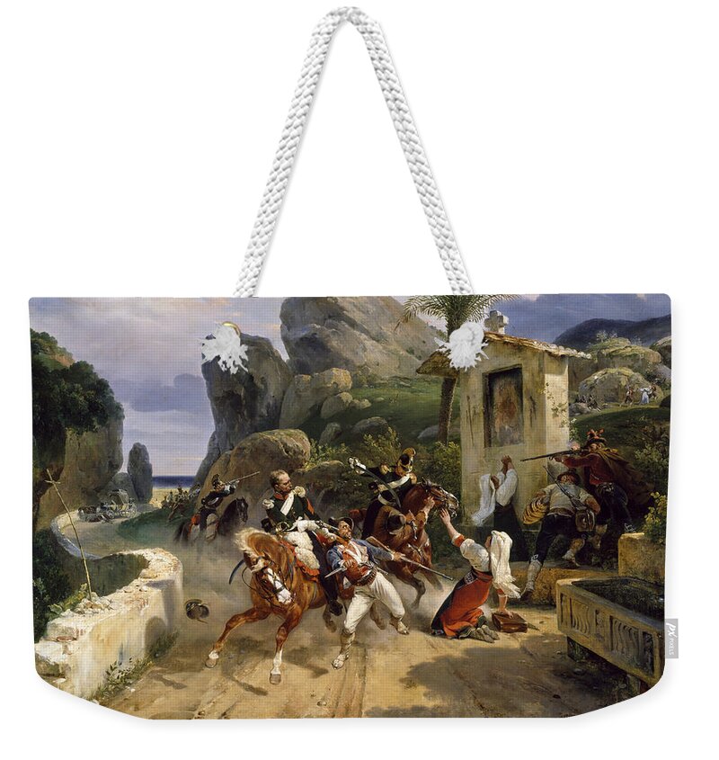 Horace Vernet Weekender Tote Bag featuring the painting Italian Brigands Surprised by Papal Troops by Horace Vernet