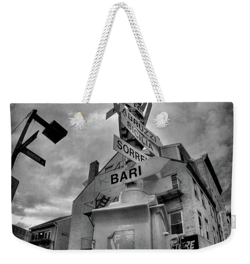  Weekender Tote Bag featuring the photograph Italian Cities Sign on Hanover St - North End - Boston by Joann Vitali
