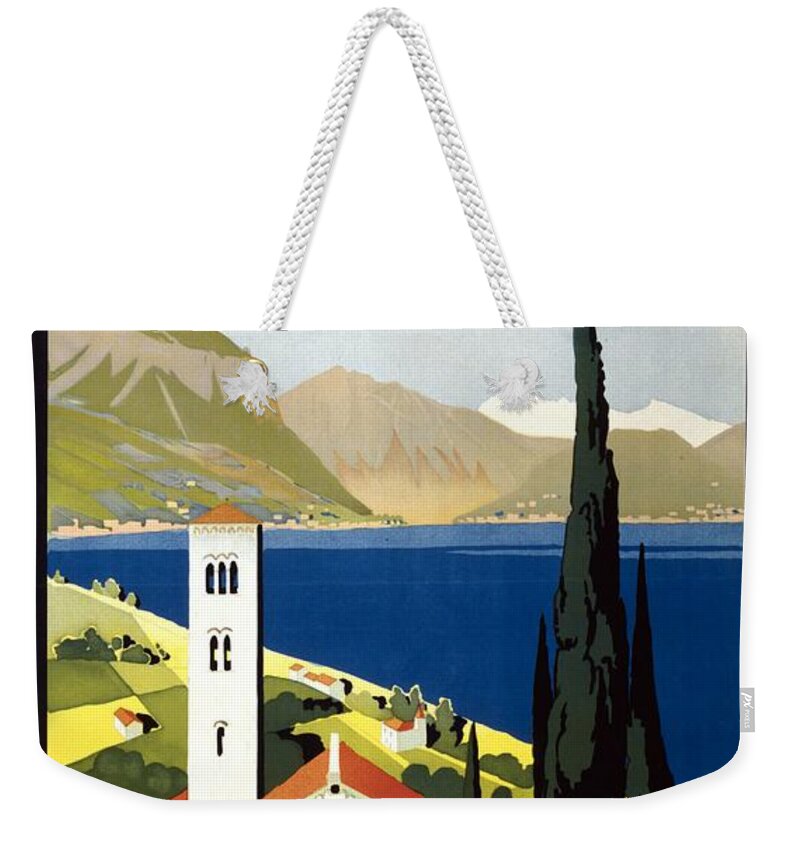 Italian Lakes Weekender Tote Bag featuring the painting Italian Lakes - Vintage Travel Poster - Landscape Illustration by Studio Grafiikka