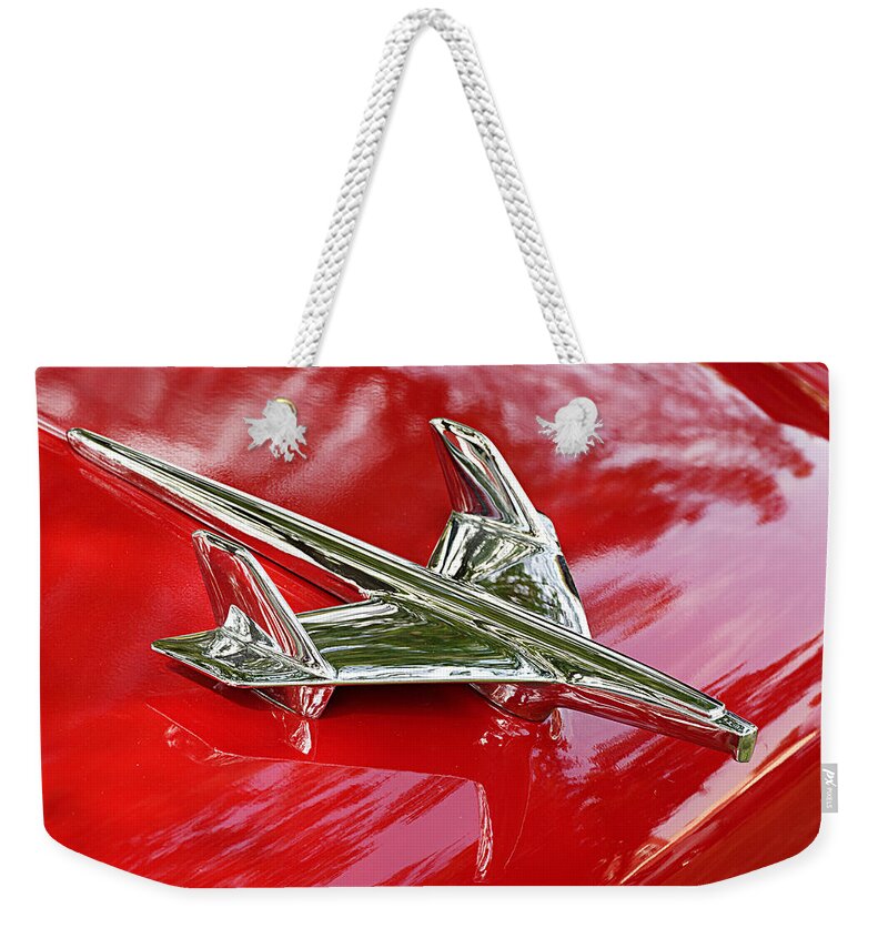 It's A Bird! It's A Plane! Weekender Tote Bag featuring the photograph It's a Bird It's a Plane -- 1955 Chevy Bel Air Hood Ornament at Paso Robles Car Show, California by Darin Volpe