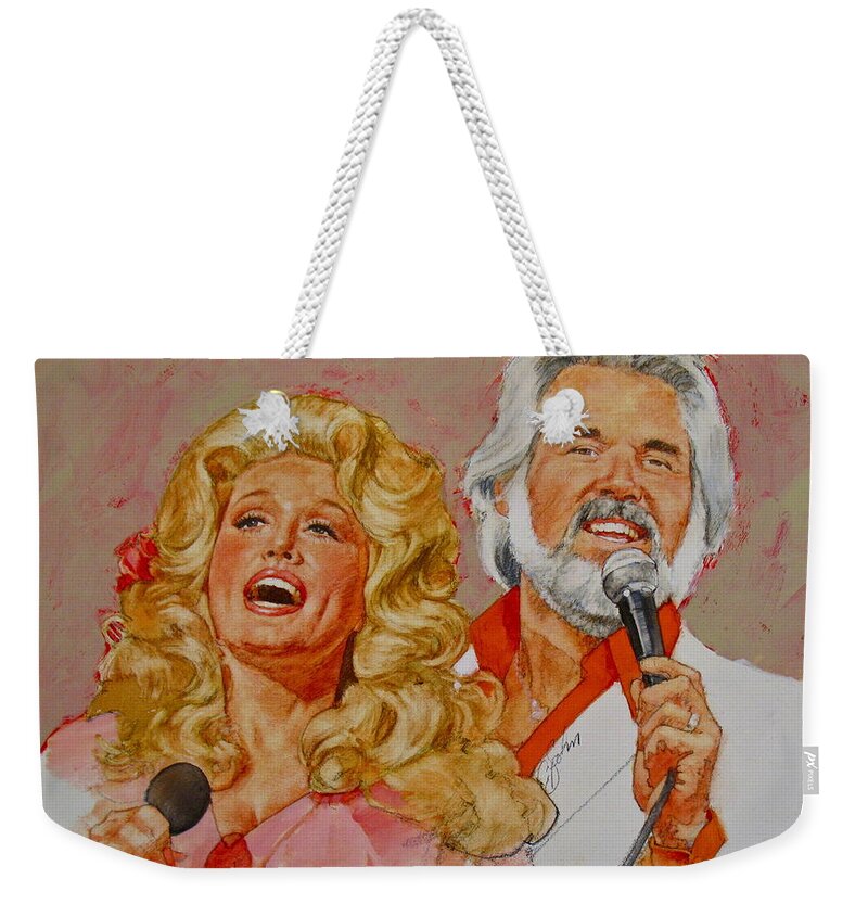 Acrylic Painting Weekender Tote Bag featuring the painting Its Country - 8 Dolly Parton Kenny Rogers by Cliff Spohn