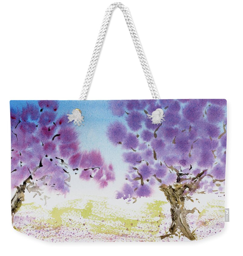 Argentina Weekender Tote Bag featuring the painting Jacaranda trees blooming in Buenos Aires, Argentina by Dorothy Darden