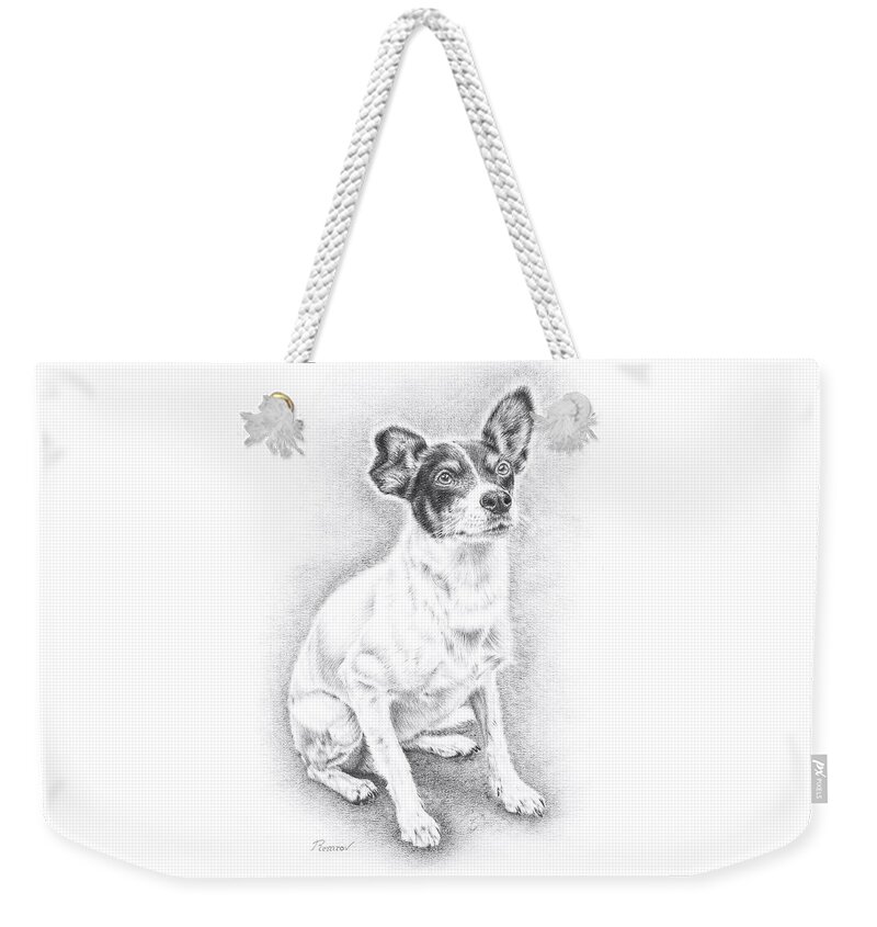 Pencil Drawing Weekender Tote Bag featuring the drawing Jack Russell by Casey 'Remrov' Vormer