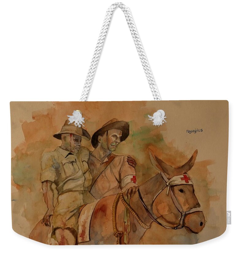 Anzac Weekender Tote Bag featuring the painting Jack Simpson and Duffy by Ray Agius