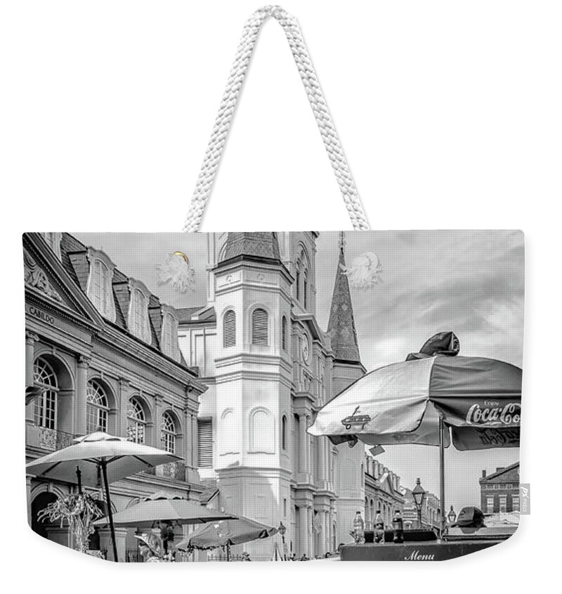 St. Louis Cathedral Weekender Tote Bag featuring the photograph Jackson Square Scene New Orleans - BW by Kathleen K Parker