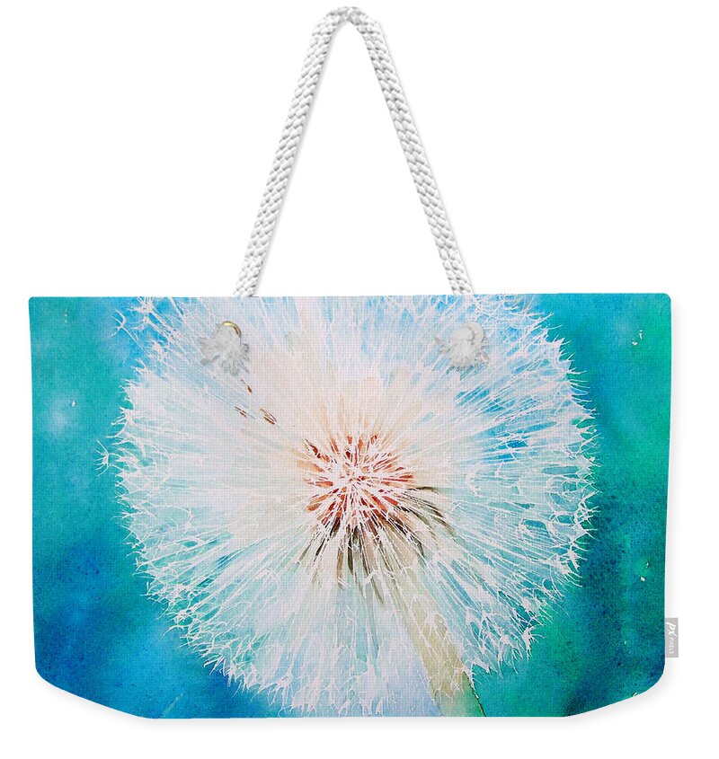 Dandelion Weekender Tote Bag featuring the painting Jade Dandelion by Ruth Harris