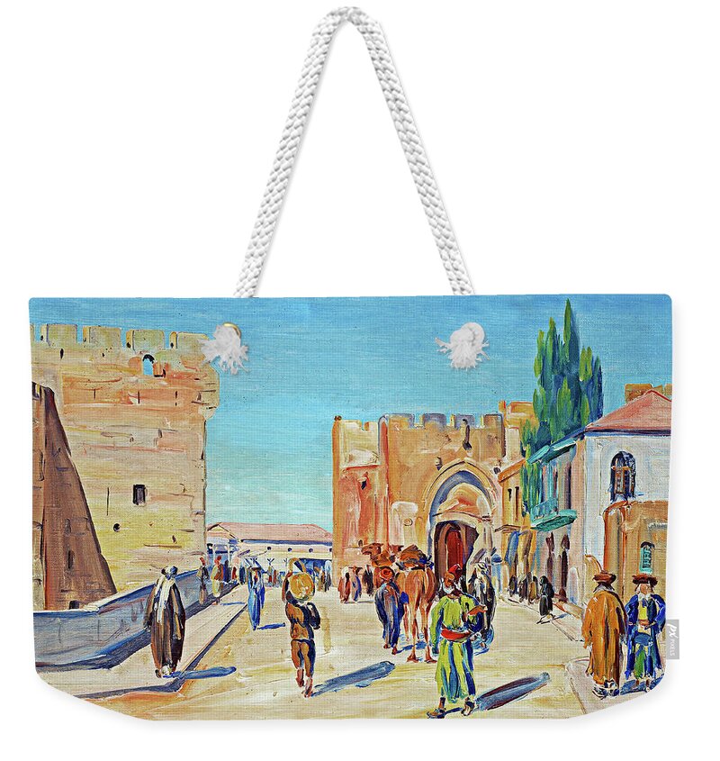 Jerusalem Weekender Tote Bag featuring the painting Jaffa Gate Painting 1926 by Munir Alawi