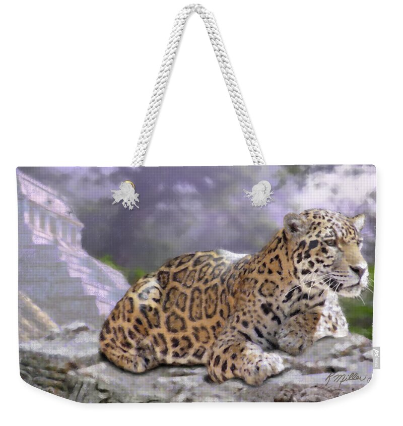 Jaguar Weekender Tote Bag featuring the digital art Jaguar and Mayan Temple by Kathie Miller