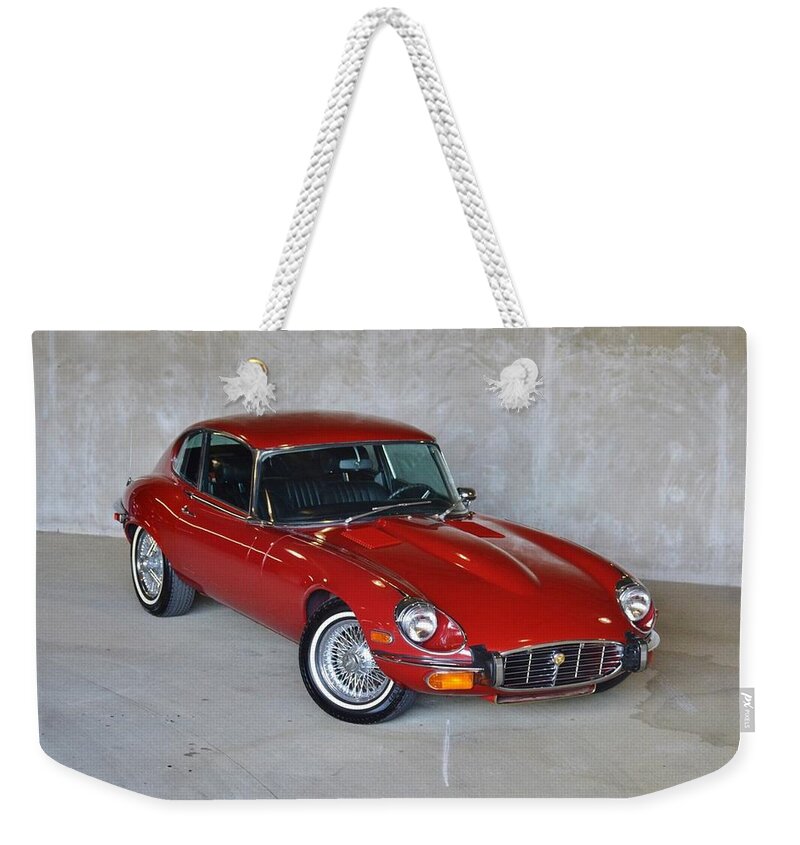 Jaguar E-type Weekender Tote Bag featuring the photograph Jaguar E-Type by Jackie Russo