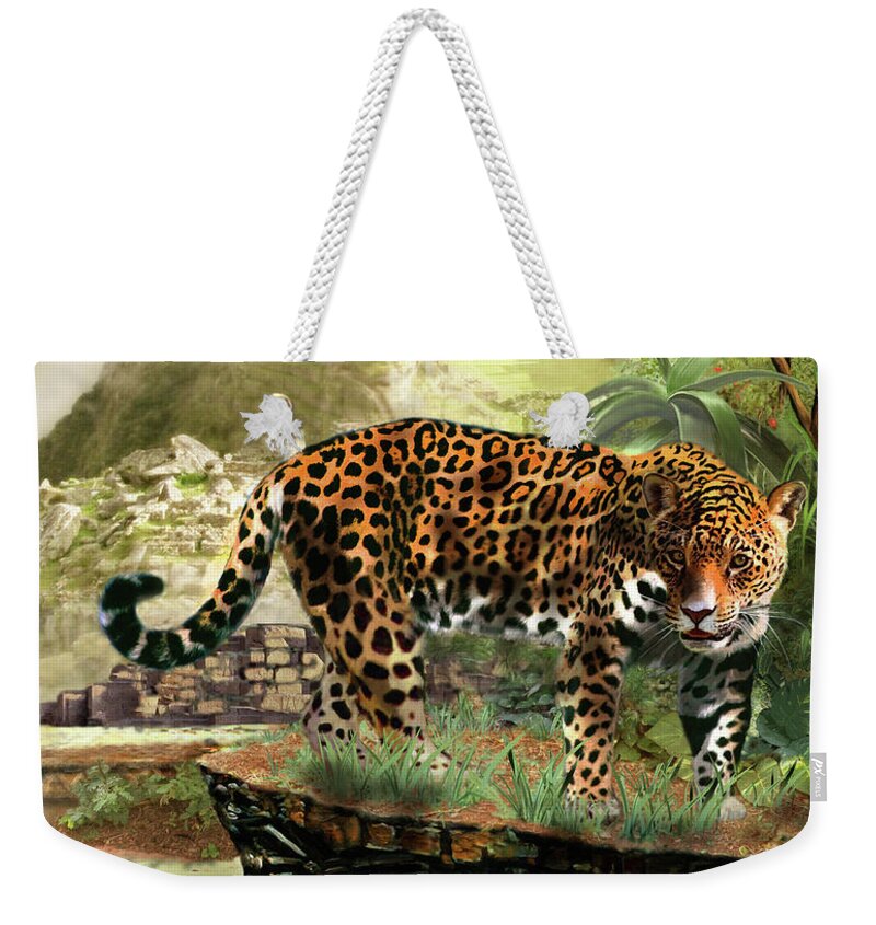 Gina Femrite Art Weekender Tote Bag featuring the painting Jaguar in the shadow of Machu Picchu Peru by Regina Femrite