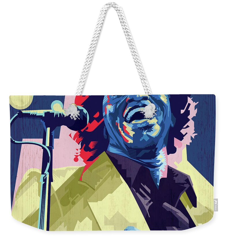James Brown Weekender Tote Bag featuring the digital art James Brown in Violet and Yellow by Garth Glazier