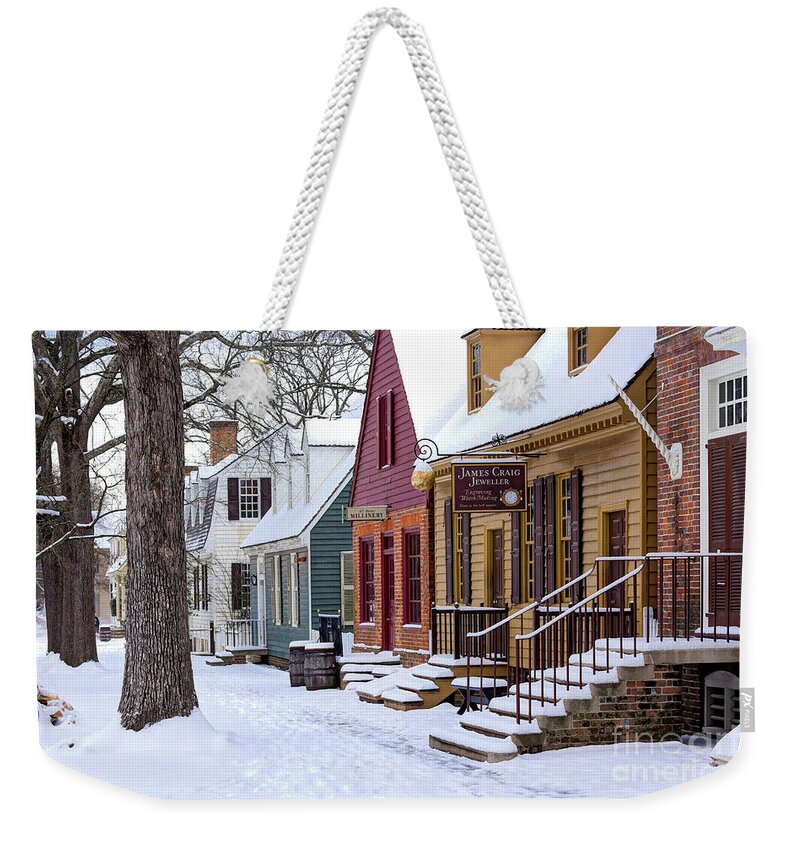 James Craig Jeweller Millinery Colonial Williamsburg Virginia Winter Snow Fence Trees Morning  Weekender Tote Bag featuring the photograph James Craig Jeweller and Millinery in Winter by Karen Jorstad