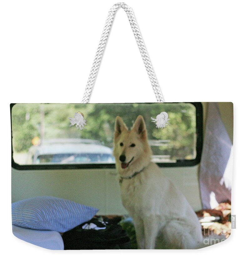  Weekender Tote Bag featuring the photograph Jane riding in the bus camping at Cape Lookout by Margaret Hood
