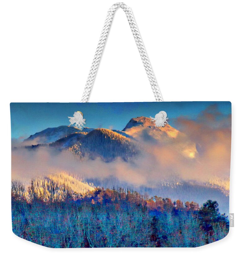 Mountains Weekender Tote Bag featuring the digital art January Evening Truchas Peak by Anastasia Savage Ealy