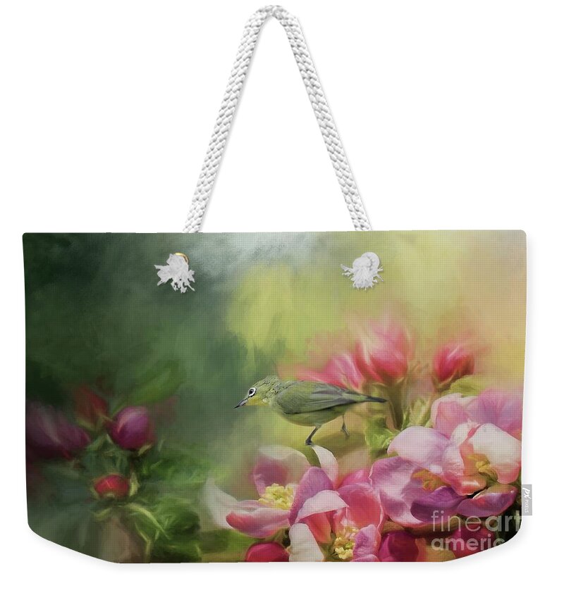 Japanese White-eye Weekender Tote Bag featuring the photograph Japanese white-eye on a blooming tree by Eva Lechner