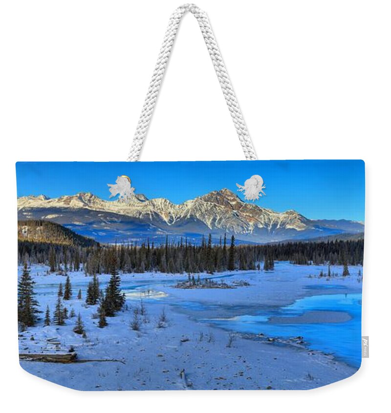 Athabasca River Weekender Tote Bag featuring the photograph Jasper Winter Mountain Panorama by Adam Jewell