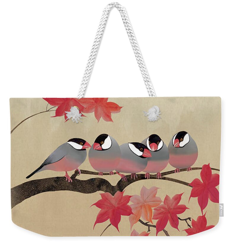 Bird Weekender Tote Bag featuring the digital art Java Sparrows in Japanese Maple Tree by M Spadecaller