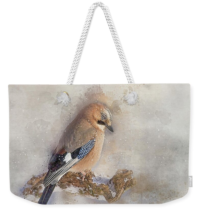 Jay Weekender Tote Bag featuring the photograph Jay in falling snow by Brian Tarr