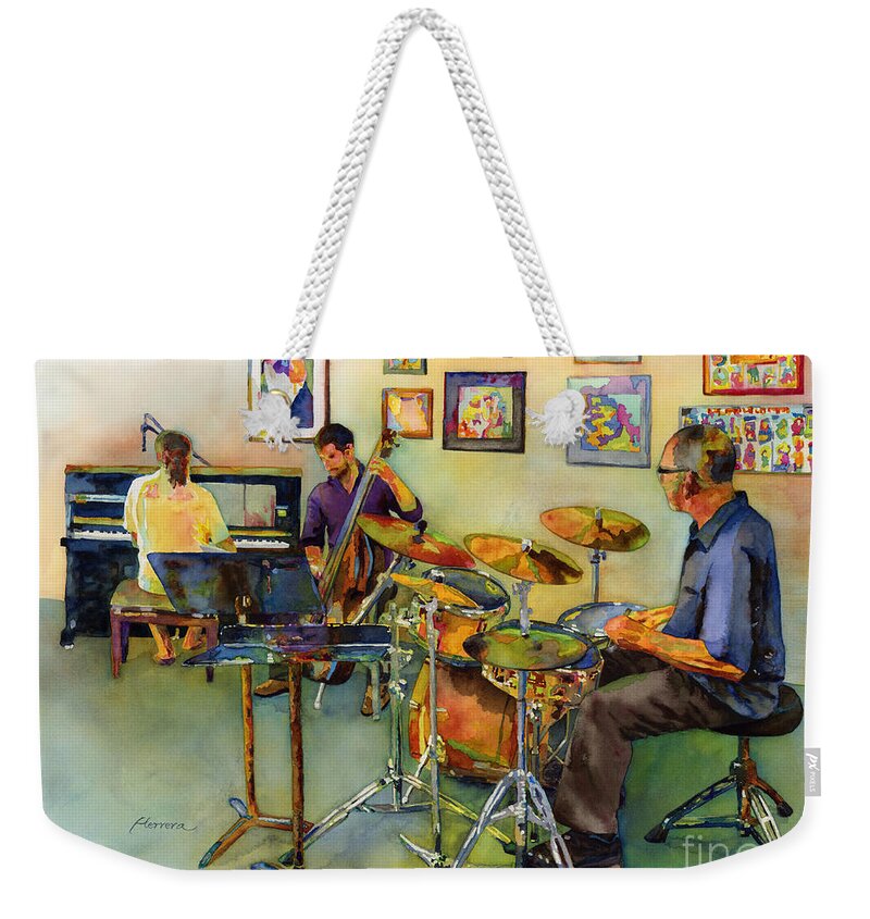 Jazz Weekender Tote Bag featuring the painting Jazz at the Gallery by Hailey E Herrera