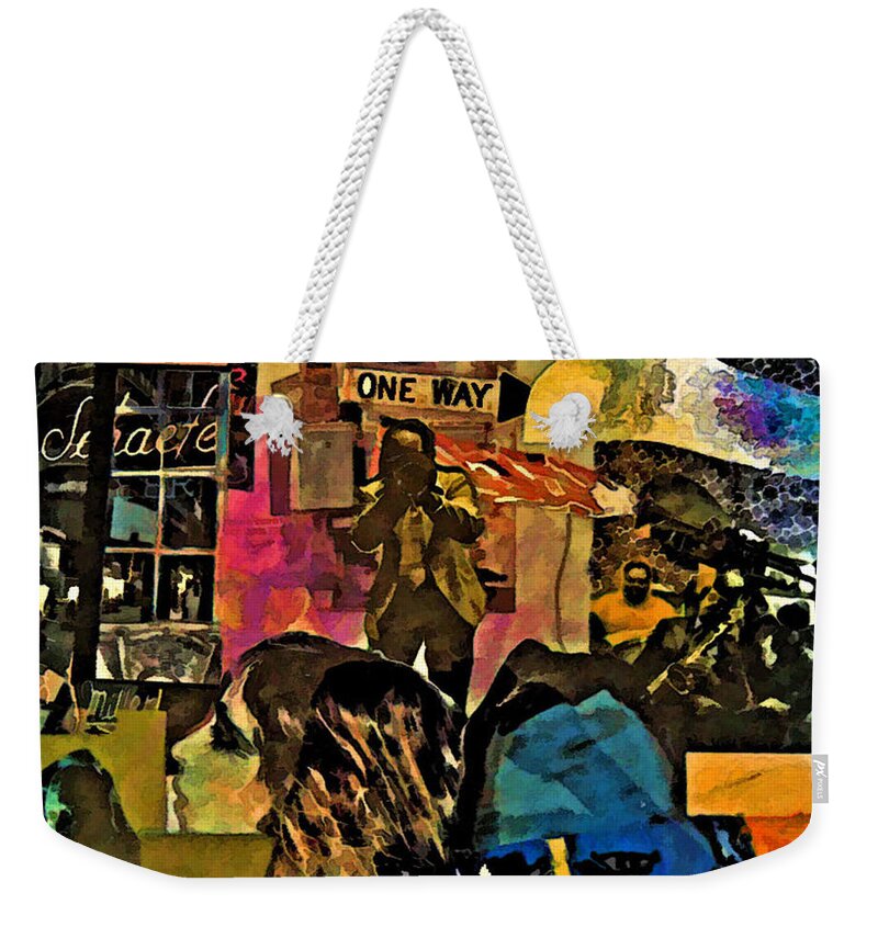 Jazz Weekender Tote Bag featuring the mixed media Jazz Club by Joe Roache