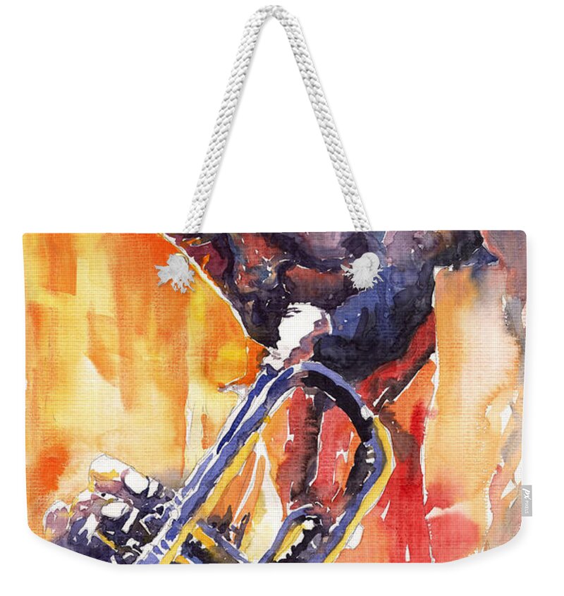 Jazz Weekender Tote Bag featuring the painting Jazz Miles Davis 9 Red by Yuriy Shevchuk