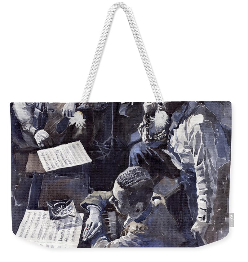 Jazz Weekender Tote Bag featuring the painting Jazz Parker Tristano Bauer Safransky RCA studio NY 1949 by Yuriy Shevchuk