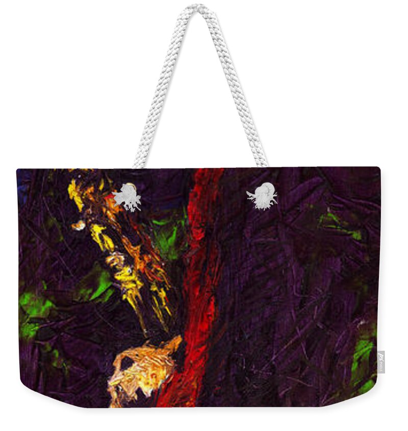 Jazz Weekender Tote Bag featuring the painting Jazz Red Saxophonist by Yuriy Shevchuk