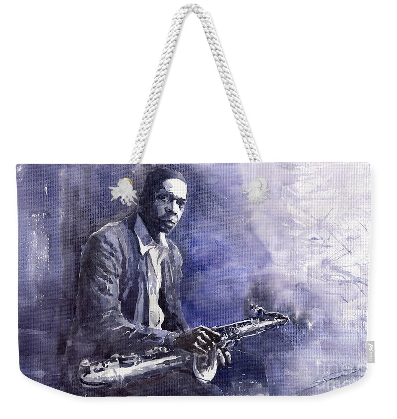 Figurative Weekender Tote Bag featuring the painting Jazz Saxophonist John Coltrane 03 by Yuriy Shevchuk