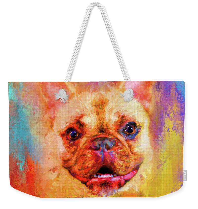 Jai Johnson Weekender Tote Bag featuring the mixed media Jazzy French Bulldog Colorful Dog Art by Jai Johnson by Jai Johnson