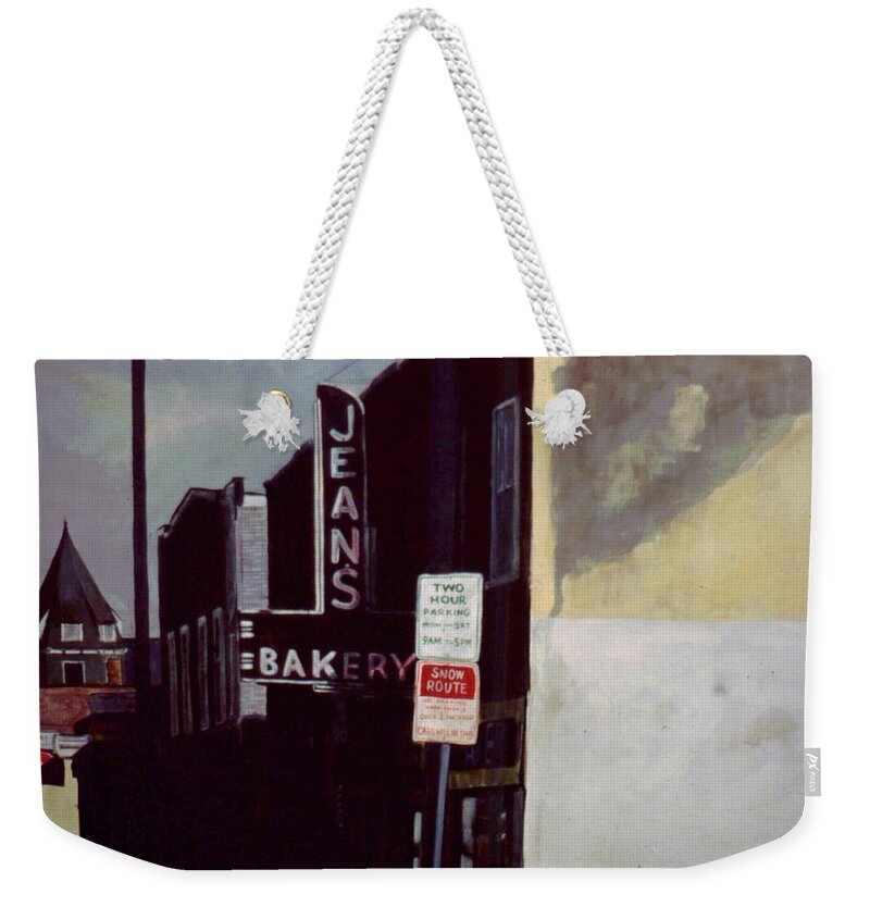 Landscape Weekender Tote Bag featuring the painting Jean's Bakery by William Brody