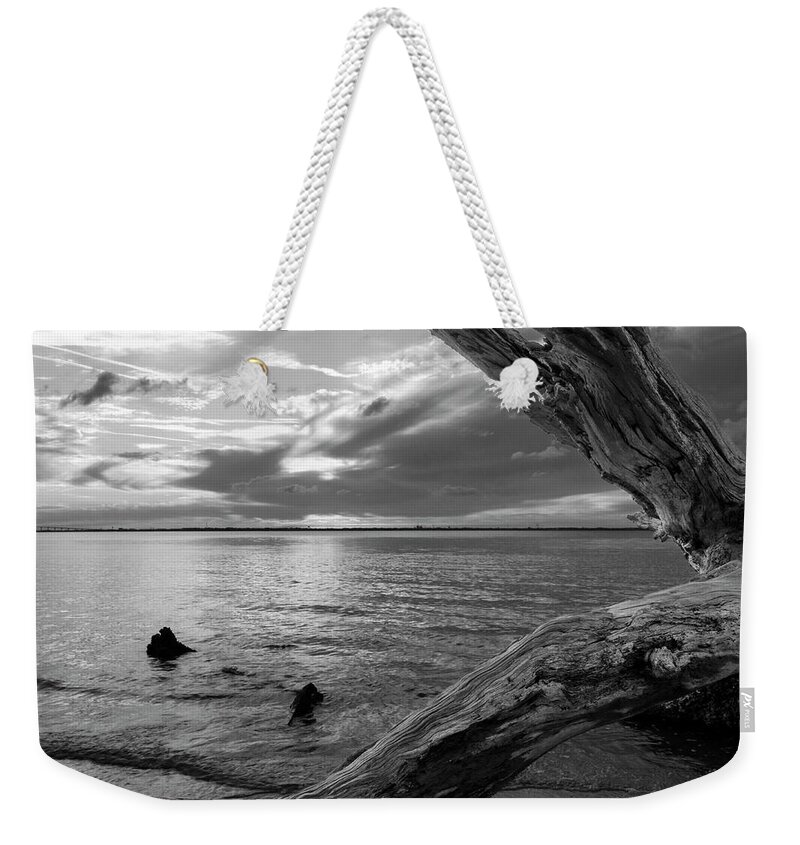 Jekyll Island Weekender Tote Bag featuring the photograph Jekyll Driftwood At Sunset In Black and White by Greg and Chrystal Mimbs