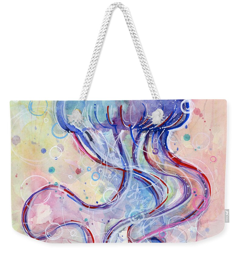 Fish Weekender Tote Bag featuring the painting Jelly Fish Watercolor by Olga Shvartsur