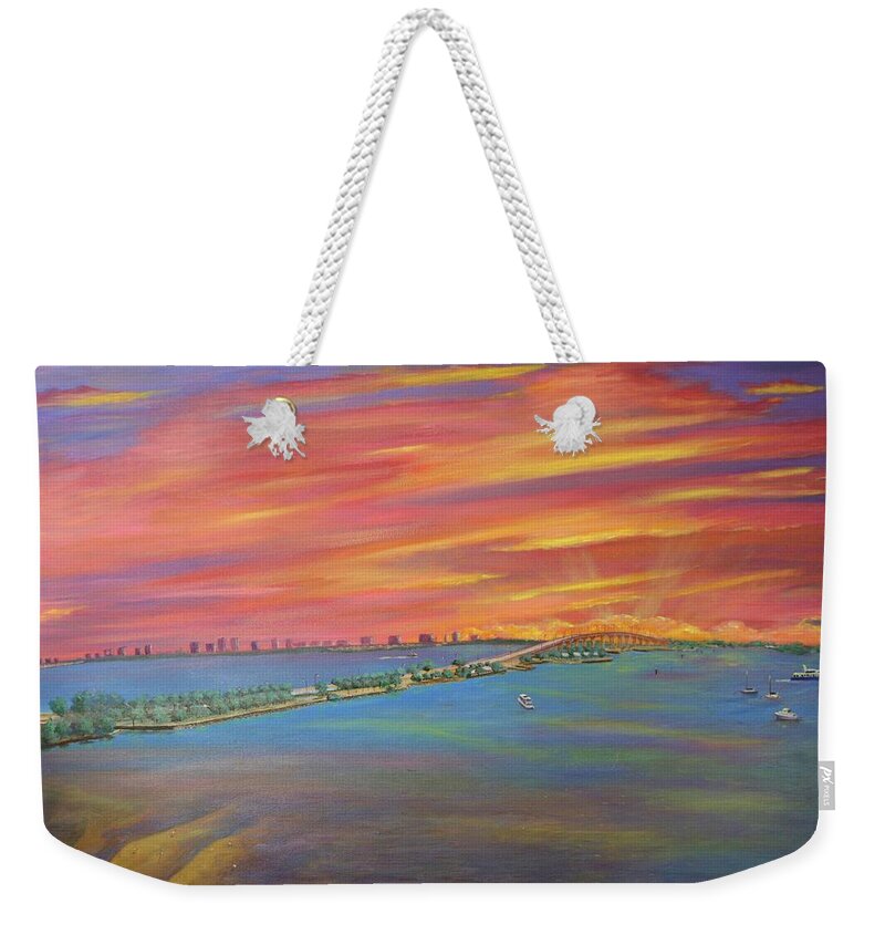 Bridge Weekender Tote Bag featuring the painting Jensen Beach Causeway by Mike Jenkins