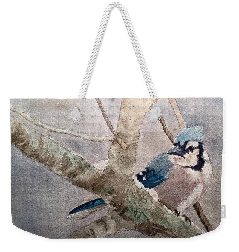 Blue Jay Weekender Tote Bag featuring the painting Cold Winter's Jay by Sonja Jones