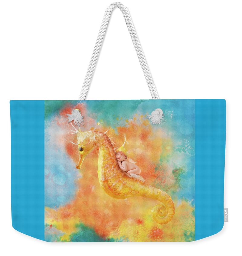 Under The Sea Weekender Tote Bag featuring the photograph Jessabella riding a Seahorse by Anne Geddes